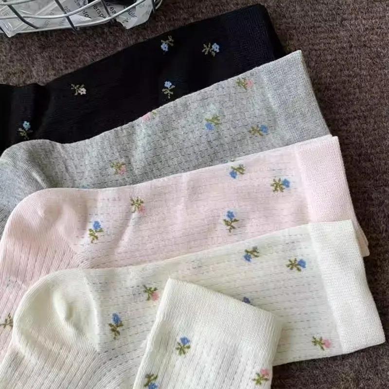 Spring Summer Thin Mesh Floral Socks Women Mid Calf Breathable Moisture Wicking Anti Odor Japanese Stacking Cotton Stockings
