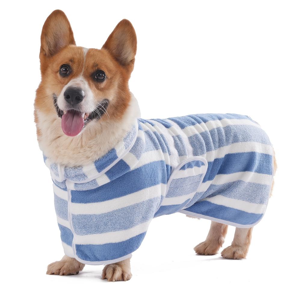 1pc Dog Striped Bathrobe, Quick-Dry Super Absorbent Pet Bathing Drying Clothes, Adjustable Belly Band with Ultra-Soft Fabric, Suitable