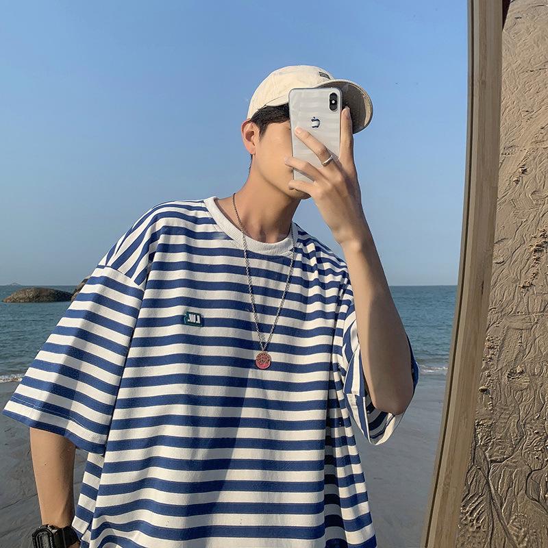 Men's Striped High Street Loose Fit T-Shirt - Trendy Summer Hong Kong Style for Couples and Students