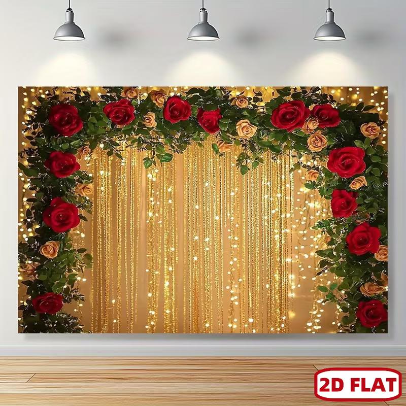 

2D Elegant Red and Gold Rose Backdrop, 2D Flat Printing Banner for Bridal Shower & Photoshoot 47.2x31.5inch/120*80cm