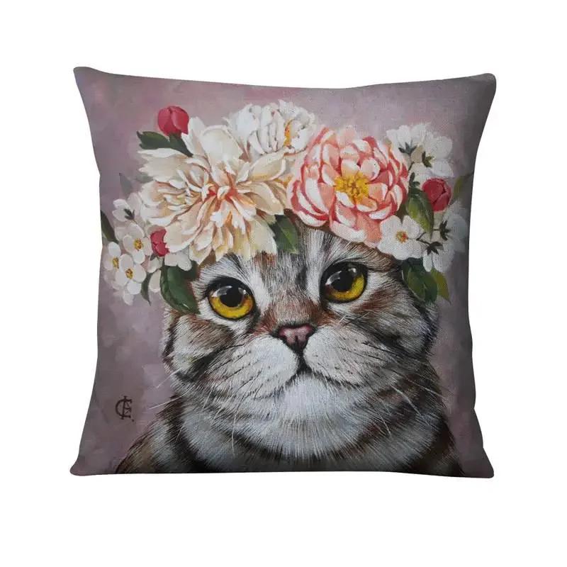 Cute Flower Cat Print Pattern Cushion Cover for Home Living Room Sofa Bedroom Decoration Throw Pillow