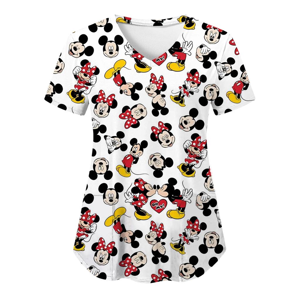 Miniso Minnie Mouse T-shirts V Neck Woman Clothes Hospital Tops Disney Top Women 2025 Nurse Uniform T-shirt Pocket Summer Tees
