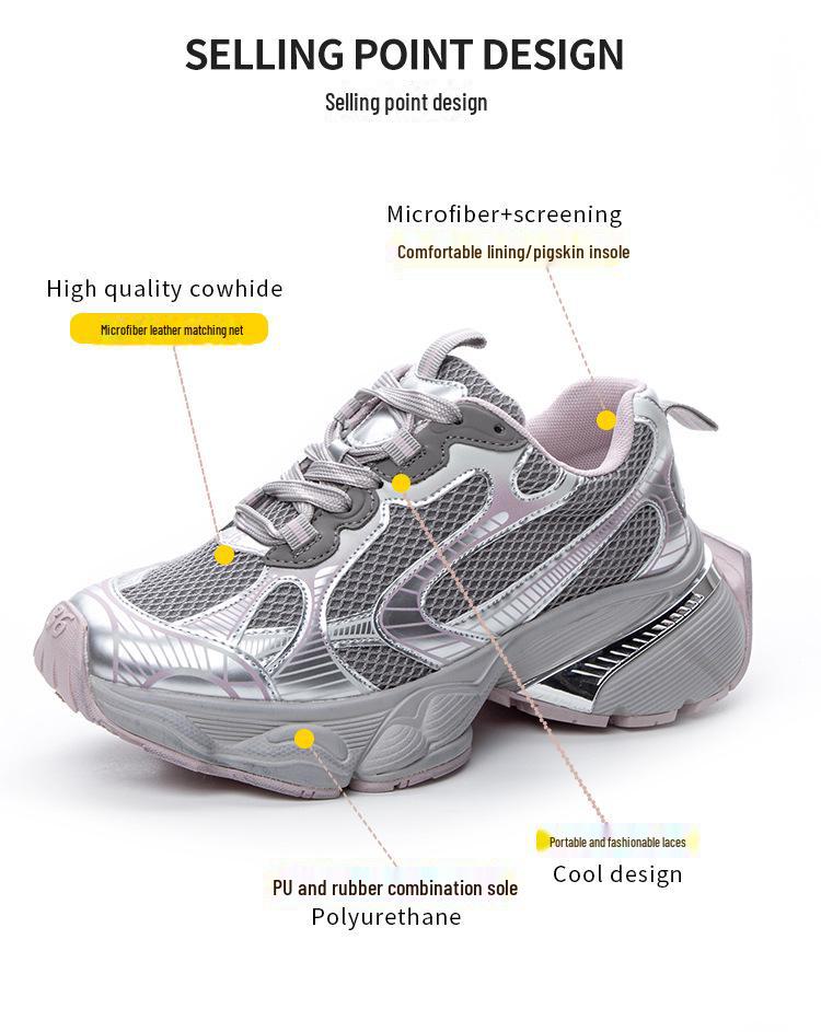 Women's 2024 Spring Fashion Height-Enhancing Breathable Mesh Dad Shoes: Versatile Soft-Soled Thick-Sole Casual Sports Footwear