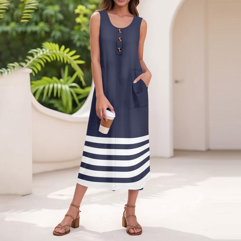 Women's Summer Casual Fashion Stripe Printed Sleeveless Button Casual Maxi Dress