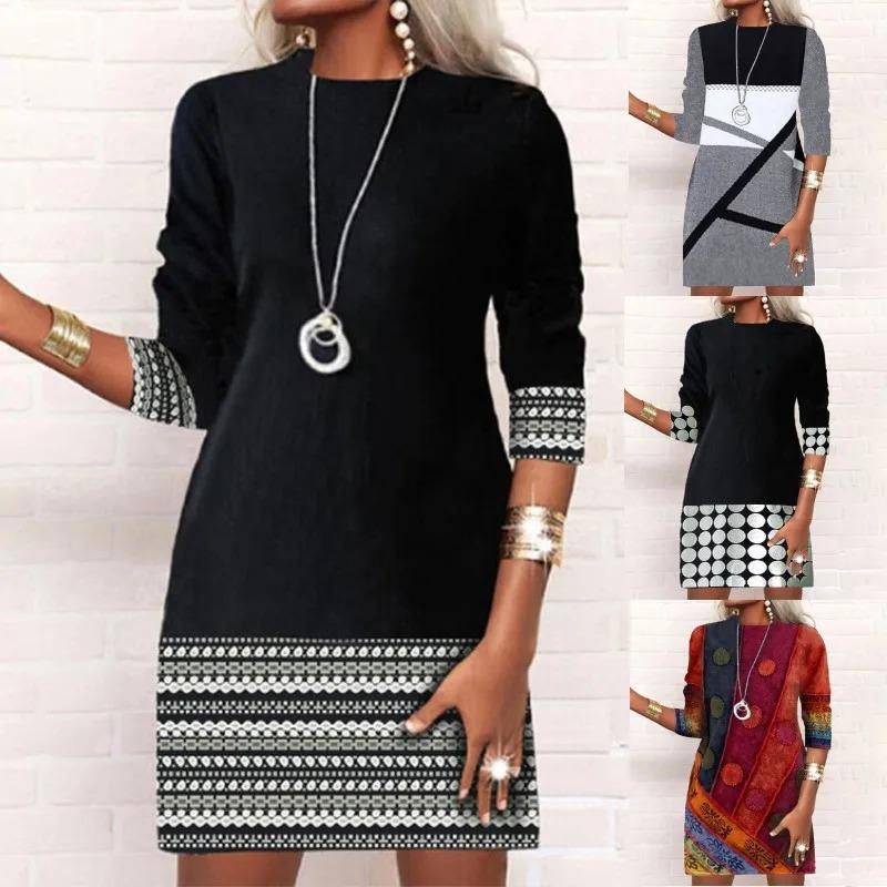 Autumn Women's Fashion Round Neck Slim Fit Long Sleeve Printed A-Line Dress Plus Size Elegant Dress Top