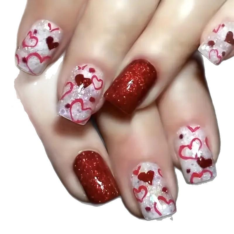 Nail Art Simple Fashion Valentine'S Day Collection Love French Glitter Medium And Long Wear Nail