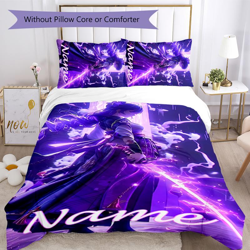 3pcs Custom Name Cartoon Genshin Impact Characters Bedding Set Duvet Cover Closure Includes 1 Duvet Cover & 2 Pillowcases for All Seasons Bedroom Deco
