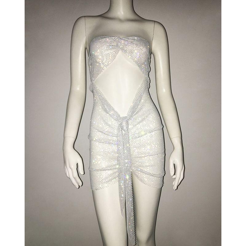 

Women s New Wear Mesh Sexy Hip Skirt Hot Drilling White All yards