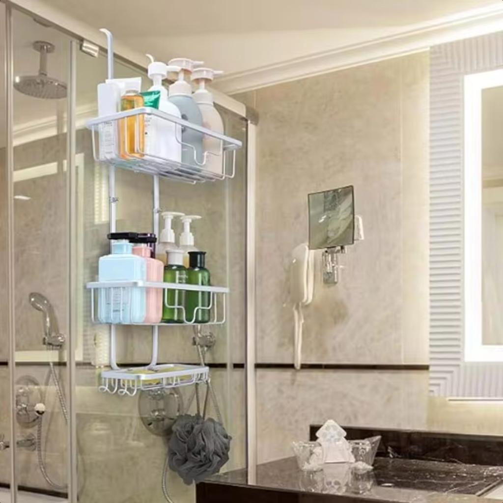 Wieszany Organizer Prysznicowy na Drzwi, 3-poziomowa Półka Wisząca do Prysznica Łazienkowa, Aluminiowy Stojak Prysznicowy z Haczykiem i Mydelniczką