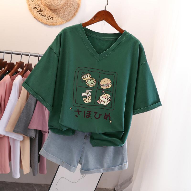 Short-sleeved T-shirt for Women, Large Size, Loose and Slimming, Printed V-neck Top