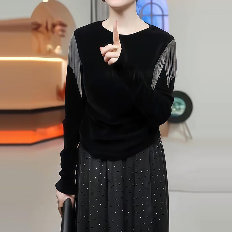 240g Korean Gold Velvet Tassel Long Sleeve T-shirt for Women - Chic Autumn/Winter Fashion Top