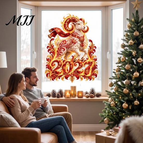 Electrostatic Glass Stickers for Home 2027 Russian New Year Flame Goat Static Sticker, PVC Zodiac Sheep Window Cling and Indoor And Outdoor