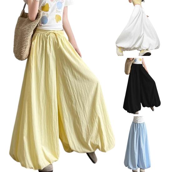 Women Pants Elastic Waistband Adjustable Drawstring Wide Leg Bud Skirt Pants with Pockets Pure Color Loose Fit Summer Pants Daily Wear