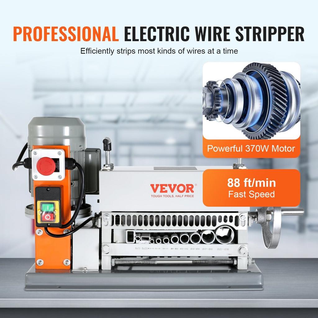 Automatic Wire Stripping Machine, 0.06''-1.42'' Electric Motorized Cable Stripper, 370 W, 88 Ft/min Wire Peeler with An Extra Manual Crank, 11