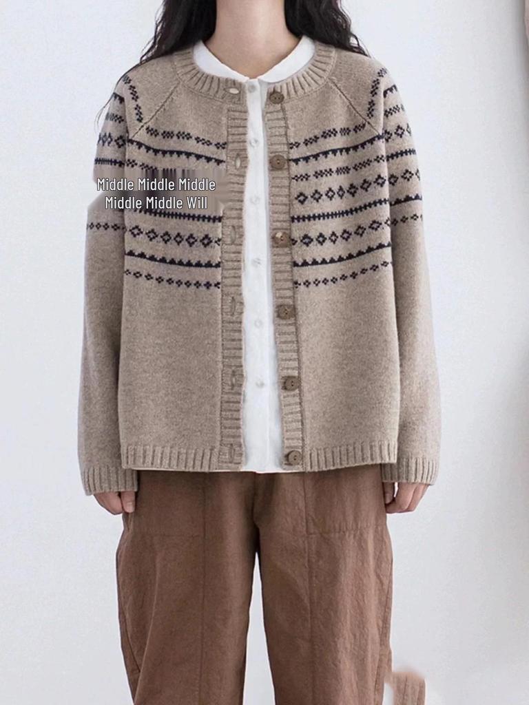 Autumn/Winter 2025 Women's 100% Wool Retro Color Block Jacquard Round Neck Buttoned Casual Loose Knit Cardigan