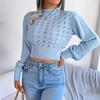 Women's Autumn and Winter Solid Color Hollow Striped Lantern Sleeve Crop Knit Sweater