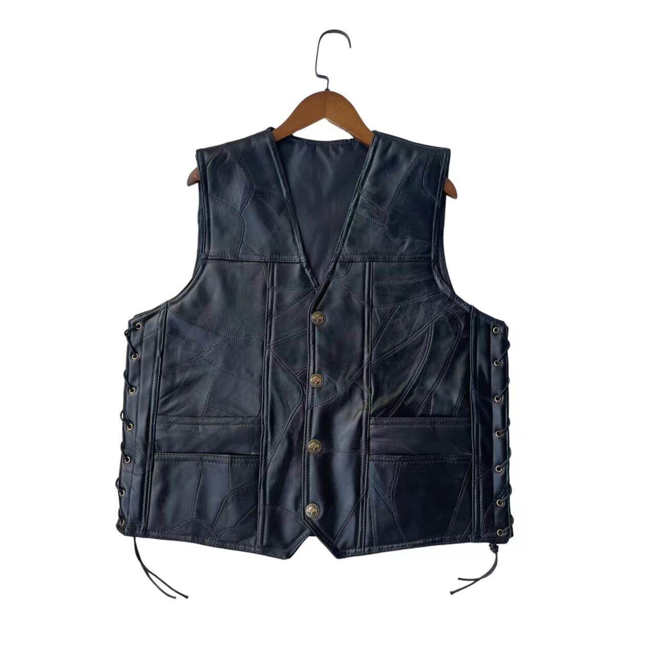 Мотоциклетный кожаный жилет + мужской жилет + кожаный жилет + жилет для верховой езды + чистый черный классический S чёрный