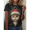Women's round-neck T-shirt with a cat pattern print