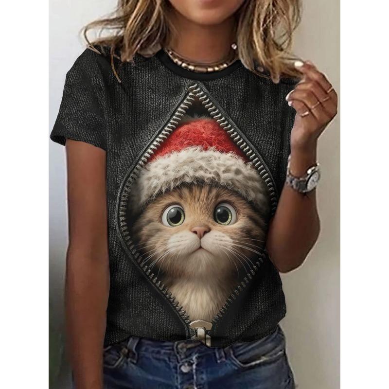 Women's round-neck T-shirt with a cat pattern print
