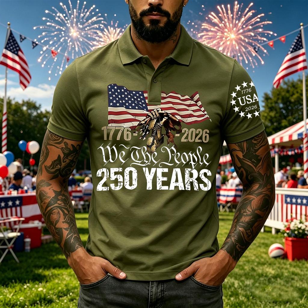 Men's Short Sleeve Polo Shirt with 250 Years Commemorative Print Casual Button Down Top for Everyday Wear