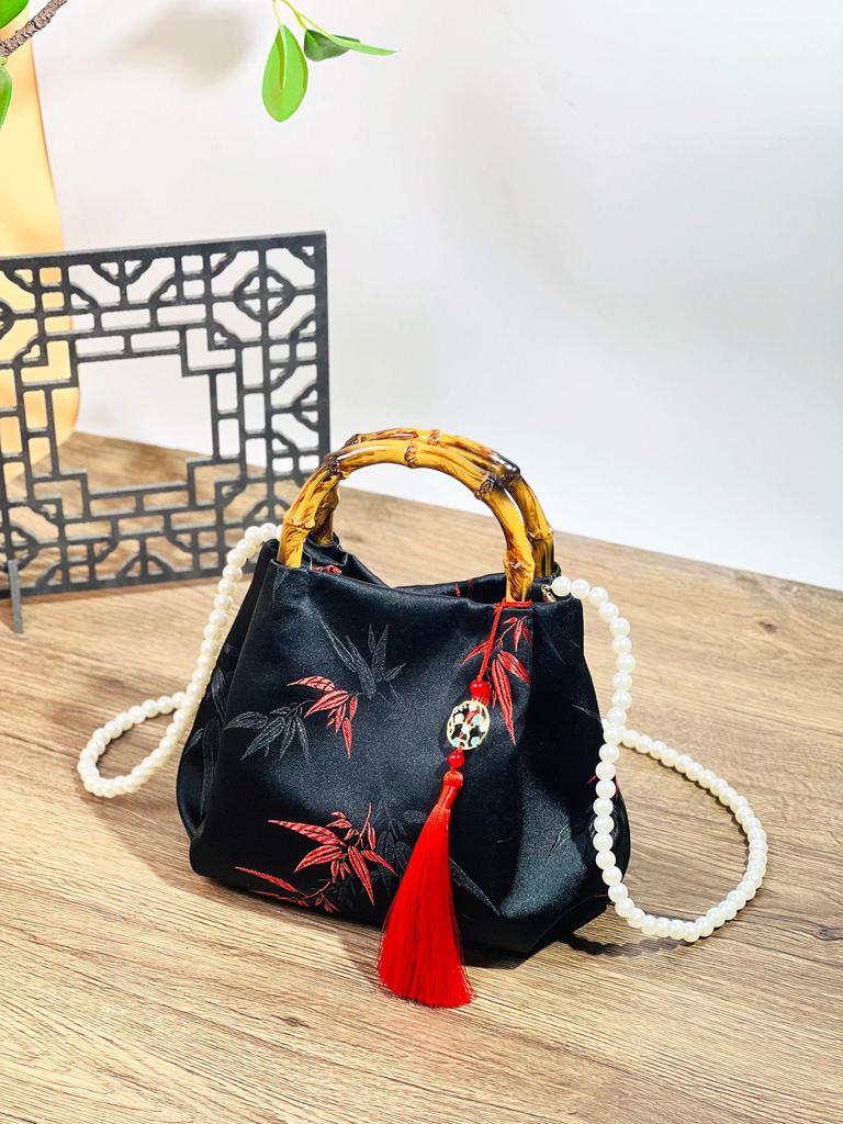 Bamboo Handle Brocade Handbag - Chinese Style Pearl Crossbody, Perfect Qipao Match, Ideal Gift for Mom