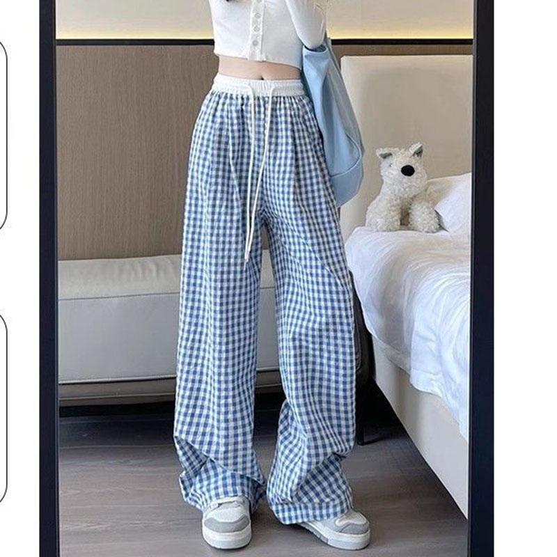 

Синие клетчатые брюки с широкими штанинами женские летние повседневные свободные большого размера 5xl прямые брюки женские 5XL синий