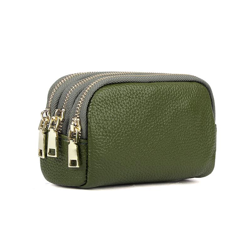 Women's Genuine Leather Three-Zipper Coin and Key Clutch