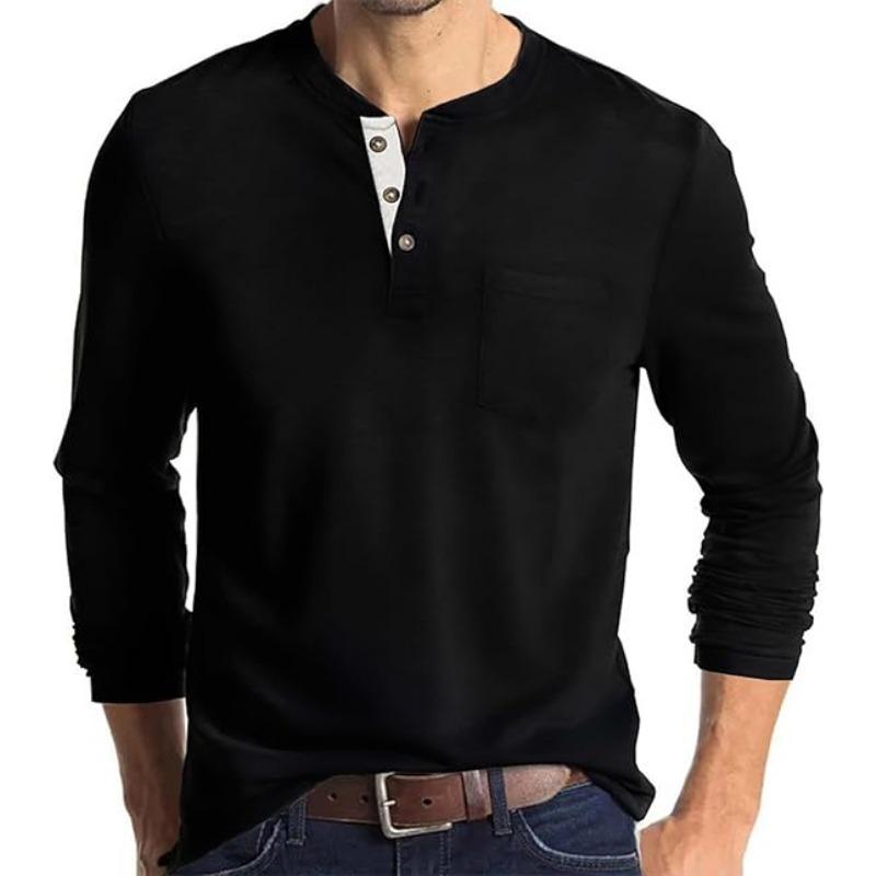 Fashionable Men's Henley Shirt Long Sleeve Button-up T-shirt with Pocket Digital Print Solid Pattern
