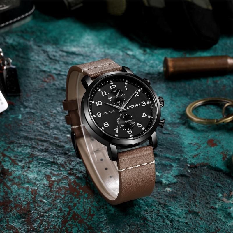 Relojes Hombre Megir 2160 Luxury Chronograph Quartz Watches Custom Logo Leather Men Wrist Watch