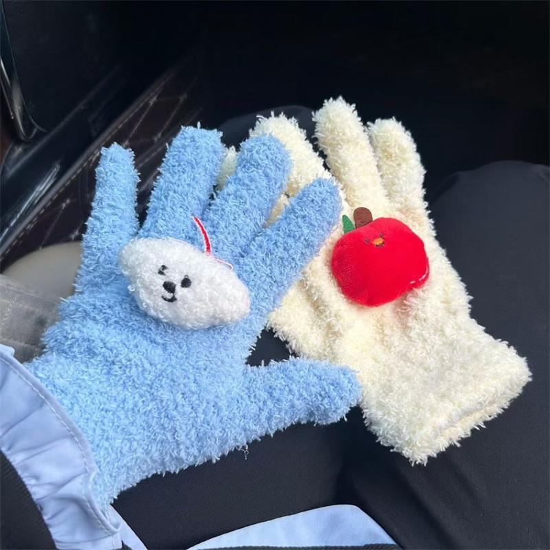 Cute Curly Dog Red Apple Gloves Plush Coral Fleece Cold-Proof Gloves Student Winter Warm Five-Finger Gloves Girl Christmas Gifts