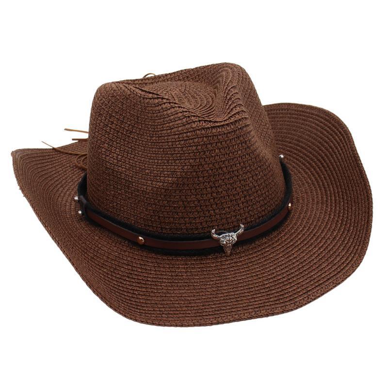 Western Cowboy Straw Hat Sun Hat Tibetan Bullhead Hat National Style Straw Knight Hat Sun Hat