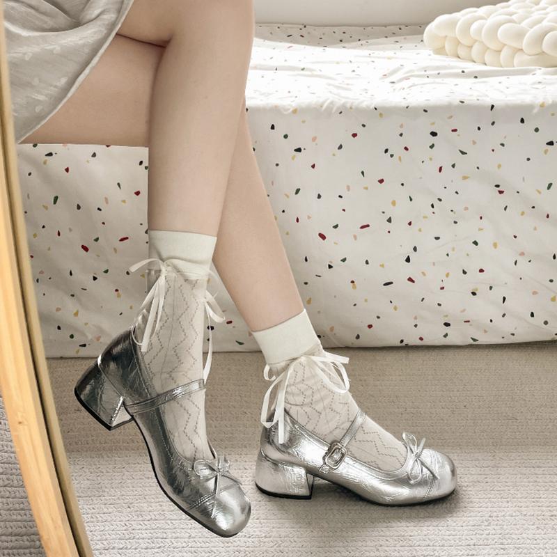 Ballet Style Butterfly-knot Mary Jane Shoes for Women Concise Dress Thick Heel Ladies Footwear
