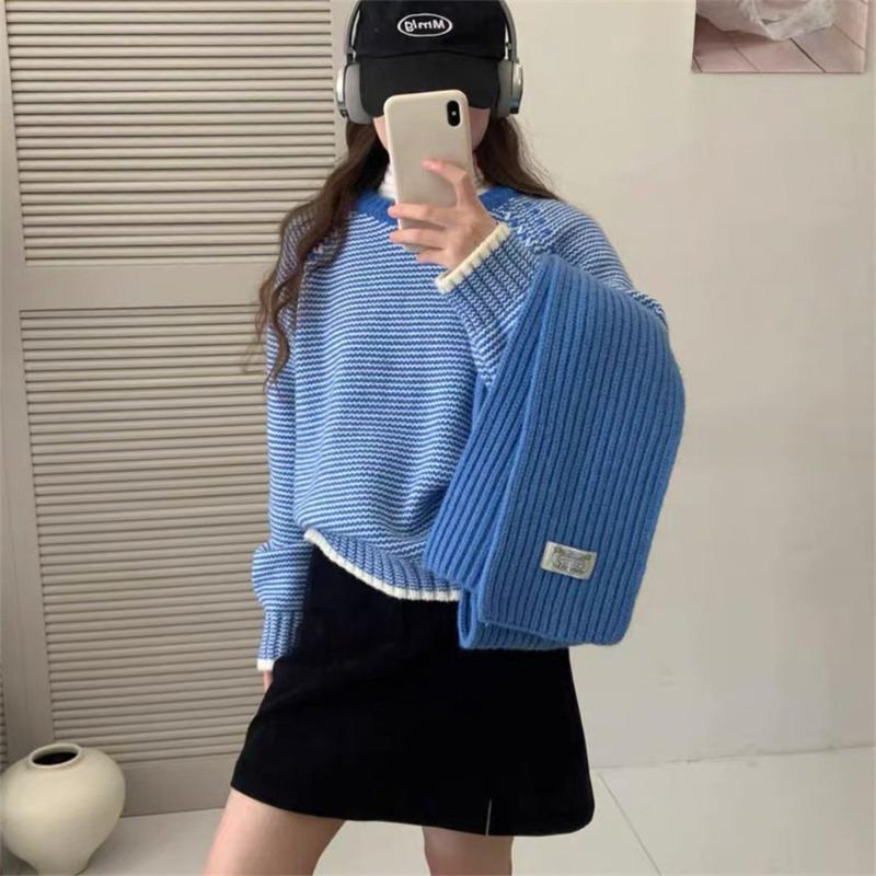 Fauler Retro-Gestreifter Pullover Damen Herbst und Winter Locker Kleiner Rundhals Gestricktes Oberteil