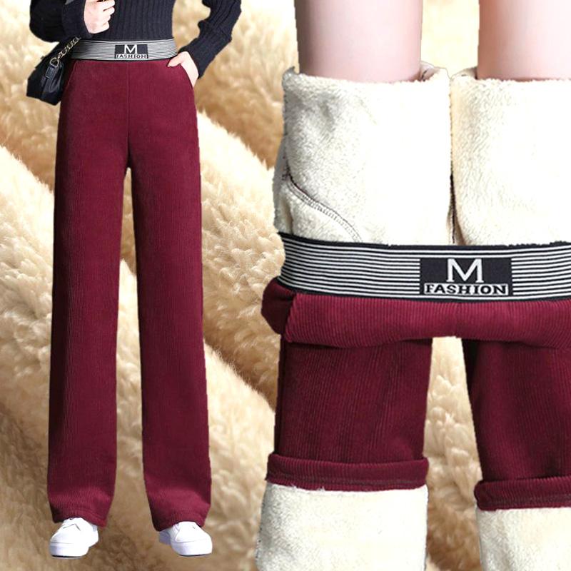 Mulheres soltas calças retas lambswool elástico velo forrado calças de perna larga cintura alta moda