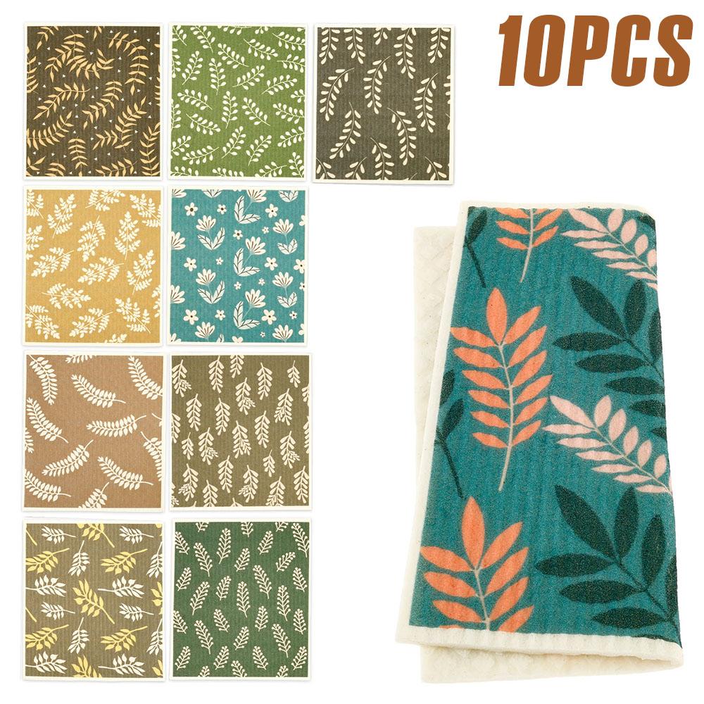 10Pcs Kitchen Cleaning Rags Cellulose Cotton Dish Towel Multiple Styles Water Absorbent Kitchen Washcloths Cookware Scouring Pad