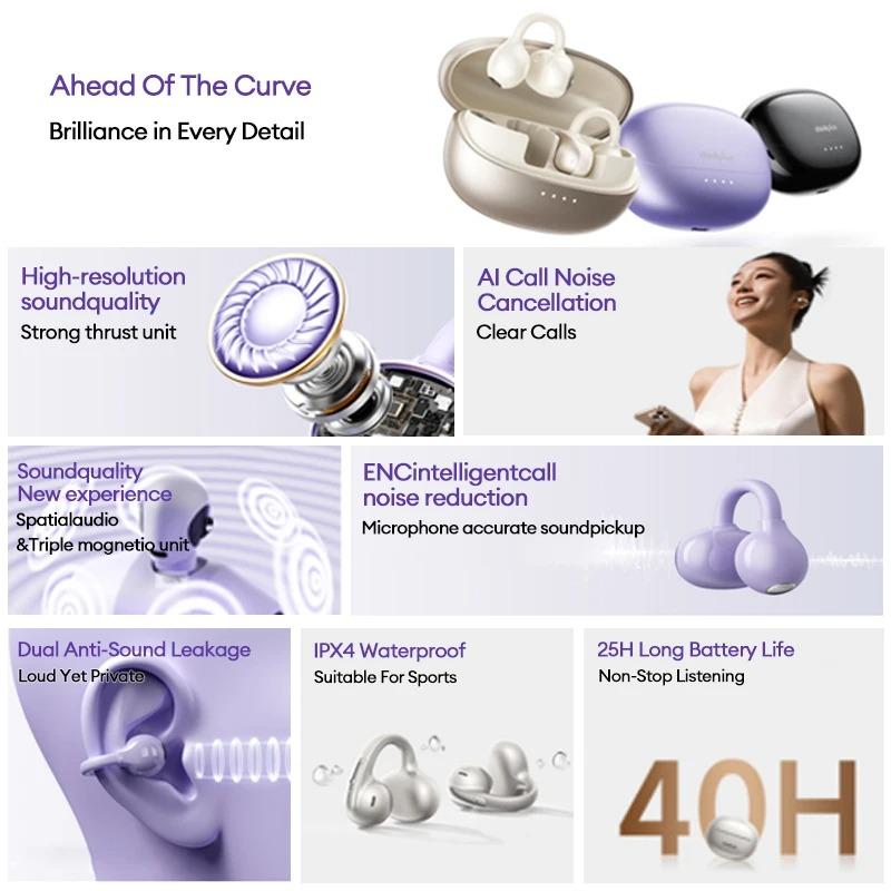 Original Lenovo LK6 Wireless Bluetooth 5.4 Ear Clip Headphone HIFI Sound Quality ENC Noise Reduction Earphones Long Endurance Earsets