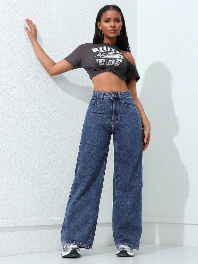 2025 Spring Women's Light Wash Floor-Length Wide Leg Jeans