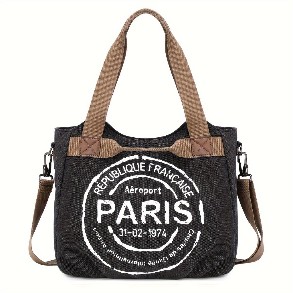 Women's Vintage Minimalist Paris Letter Print Commuter School Travel Small Crossbody Bag Handbag Tote Bag Large Capacity with Zipper Shoulder Bag