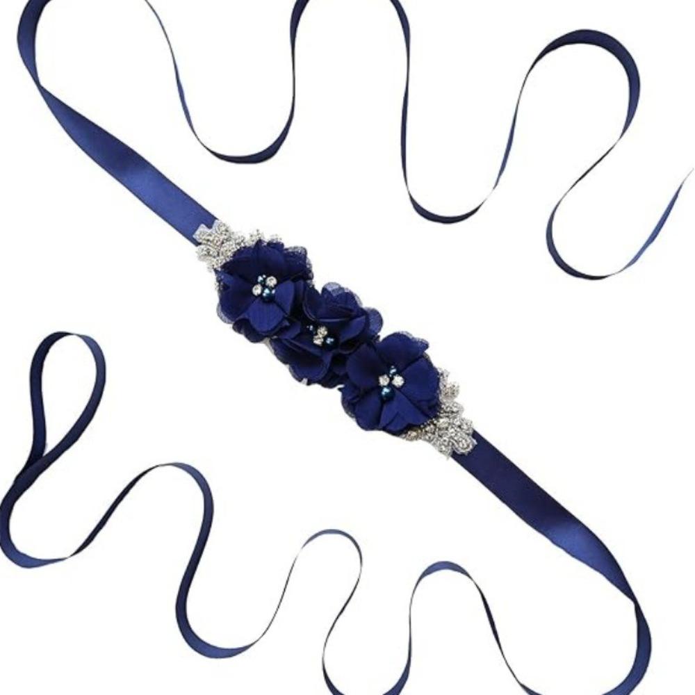Pearl Embellishment Flower Sash Belt Handmade Beading Rhinestone Waist Band Party Dress Up