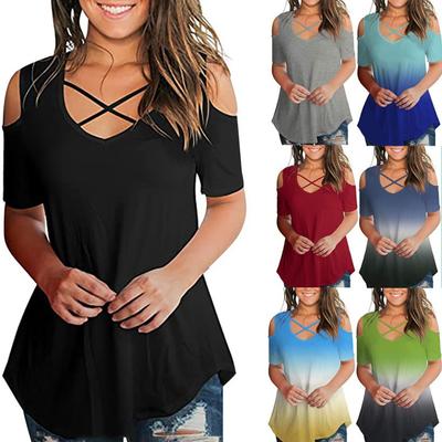 Women's V-Neck Off-Shoulder Short Sleeve Sexy Casual Versatile Printed Loose T-Shirt Fashion Versatile