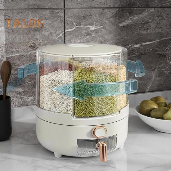 360-Degree Rotating Cereal Dispenser Rice Container with Lid Large Capacity Multiple Compartments Grain Storage Organizer