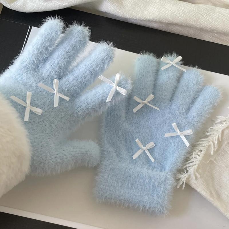 1Pair Winter Warm Bow Gloves For Women Girls Cute Solid Color Gloves Cold Resistant Mittens Windproof Riding Gloves Gifts