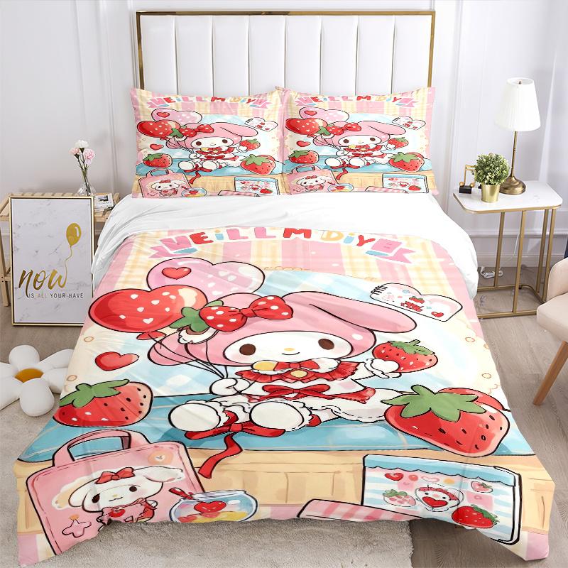 3pcs Strawberry My Melody Bedding Set, Including 1 Quilt Cover and 2 Pillow Shams, Without Filling, Soft and Comfortable Home Bedroom W101