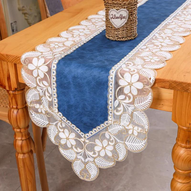 Lace table runner American luxury waterproof and oil-proof pu dining table shoe cabinet strip tablecloth table runner