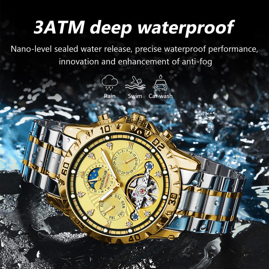 Top Luxury Automatic Mechanical Watch Tourbillon Waterproof Luminous Date Week Men Wristwatch Chronograph Stainless Steel Men's Watches