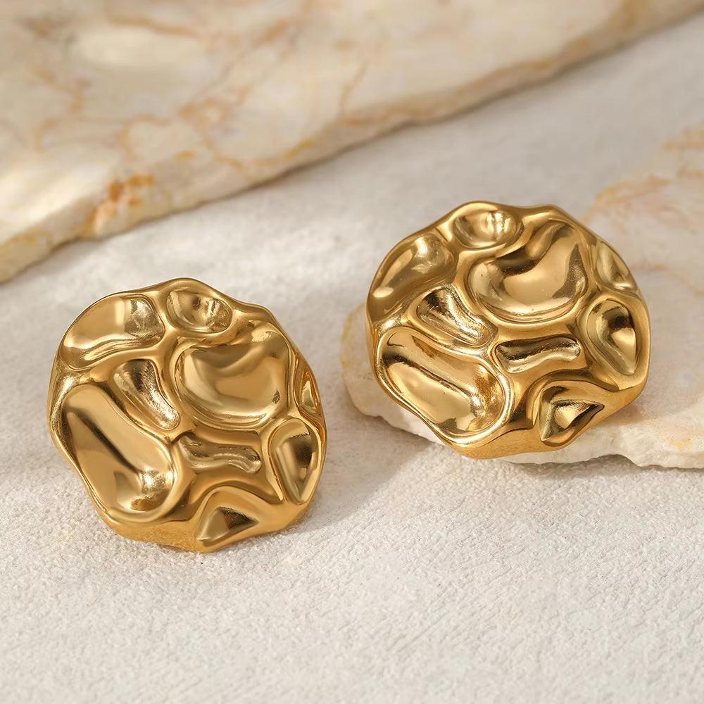 Round Irregular Stone-Shaped Pleated Gold Stainless Steel Stud Earrings for Women Vintage Korean Design Studs Jewelry Set