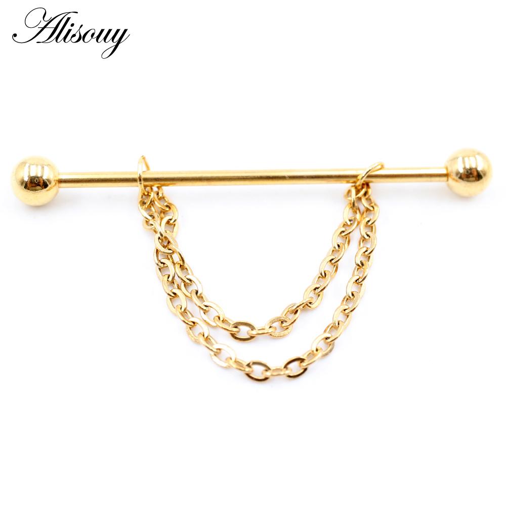 Alisouy 2 st Runda Kulkedja Lång Rostfritt Stål Industriell Hantel Öronbrosk Örhängen Rak Stift Piercing Kroppsmycken