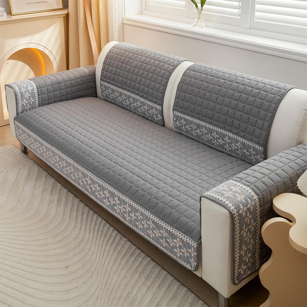 1Pc Waffle Quilting Four Season Anti-Slip Sofa Cover With Snowflake Lace Decor, Couch Seat Cover Blanket Modern Living Room