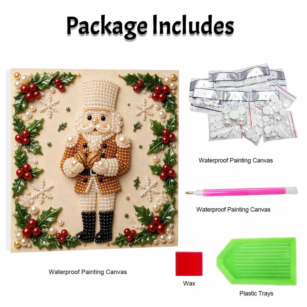 Handmade Framed Pearl Painting Set with Christmas Nutcracker and Holly Design 5D Shiny Bead Art Canvas Creative Craft for Room Decor