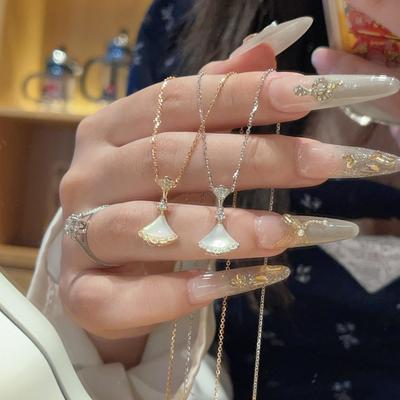 S925 Sterling Silver Mother-of-Pearl Fan Pendant Choker Necklace for Women